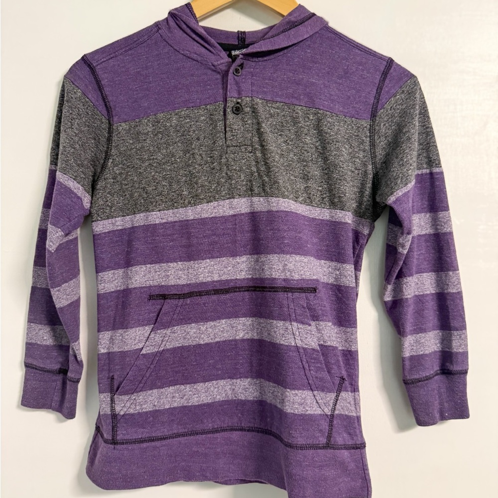 First Wave Boys Hooded Rugby Shirt Size 10/12 Purple Gray Striped